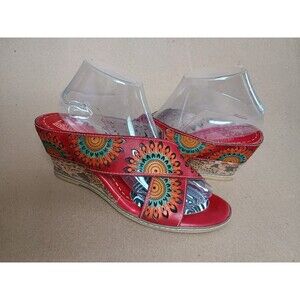 Spring Step L'artiste Sandal Sz 41 Cork Wedge Heel Slip On Floral Leather Red